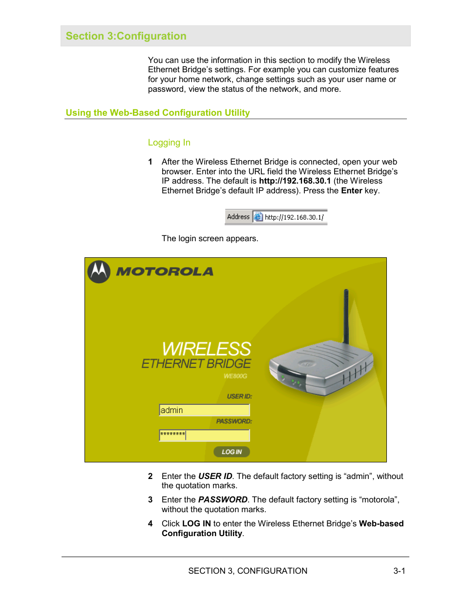 Section 3:configuration, Using the web-based configuration utility, Logging in | Motorola WE800G User Manual | Page 38 / 71