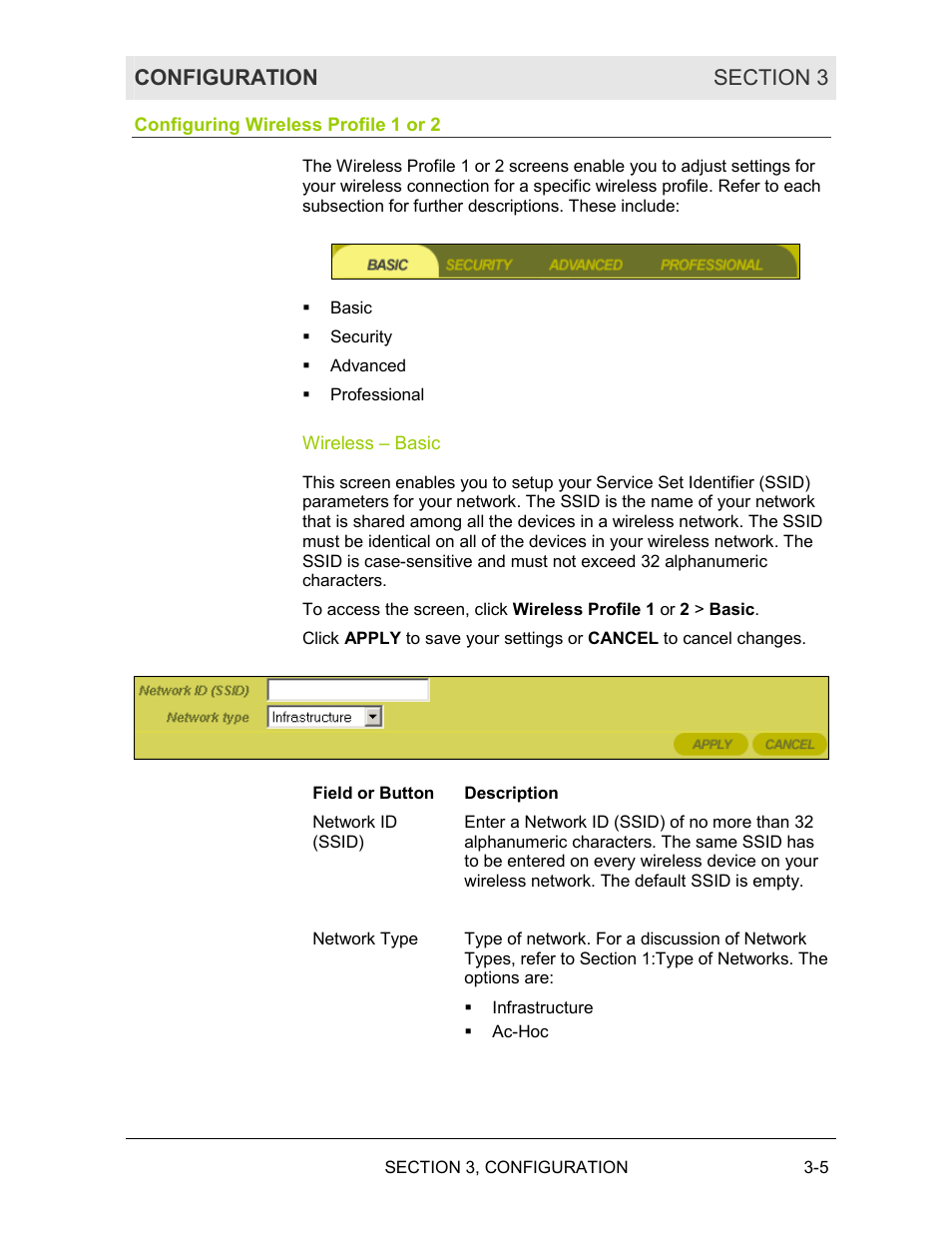 Configuring wireless profile 1 or 2, Wireless – basic | Motorola WE800G User Manual | Page 42 / 71
