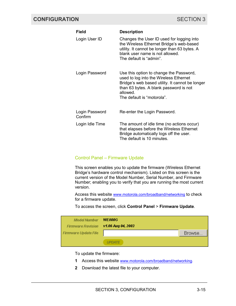 Control panel – firmware update | Motorola WE800G User Manual | Page 52 / 71