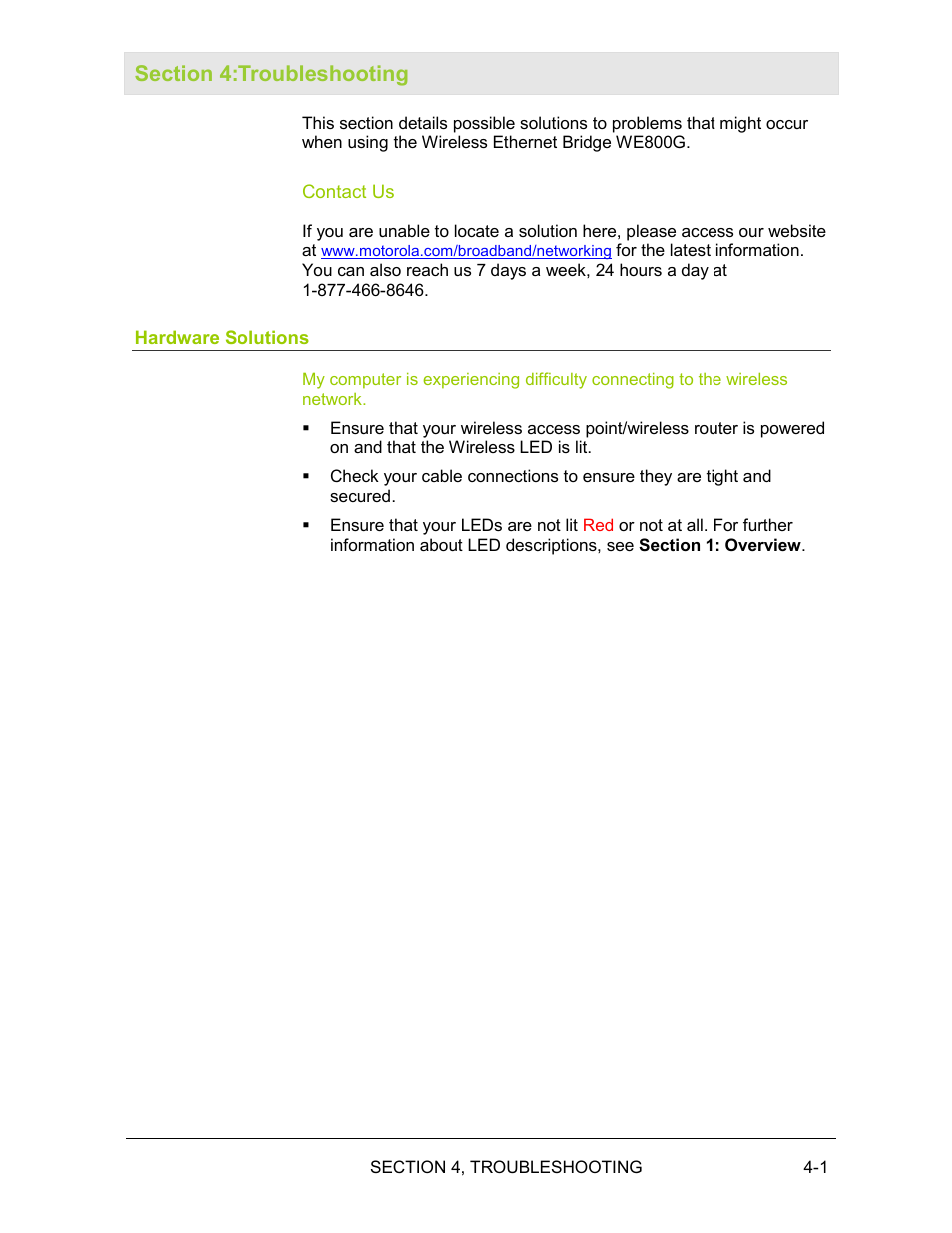 Section 4:troubleshooting, Contact us, Hardware solutions | Motorola WE800G User Manual | Page 54 / 71