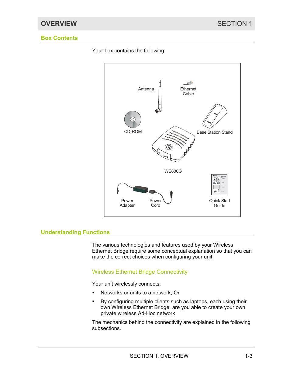 Box contents, Understanding functions, Wireless ethernet bridge connectivity | Motorola WE800G User Manual | Page 8 / 71