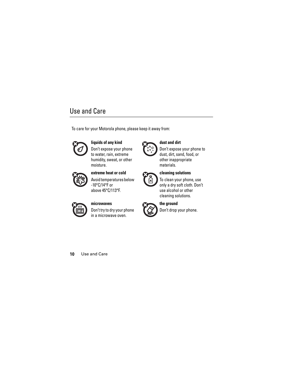 Use and care | Motorola i335 User Manual | Page 14 / 99