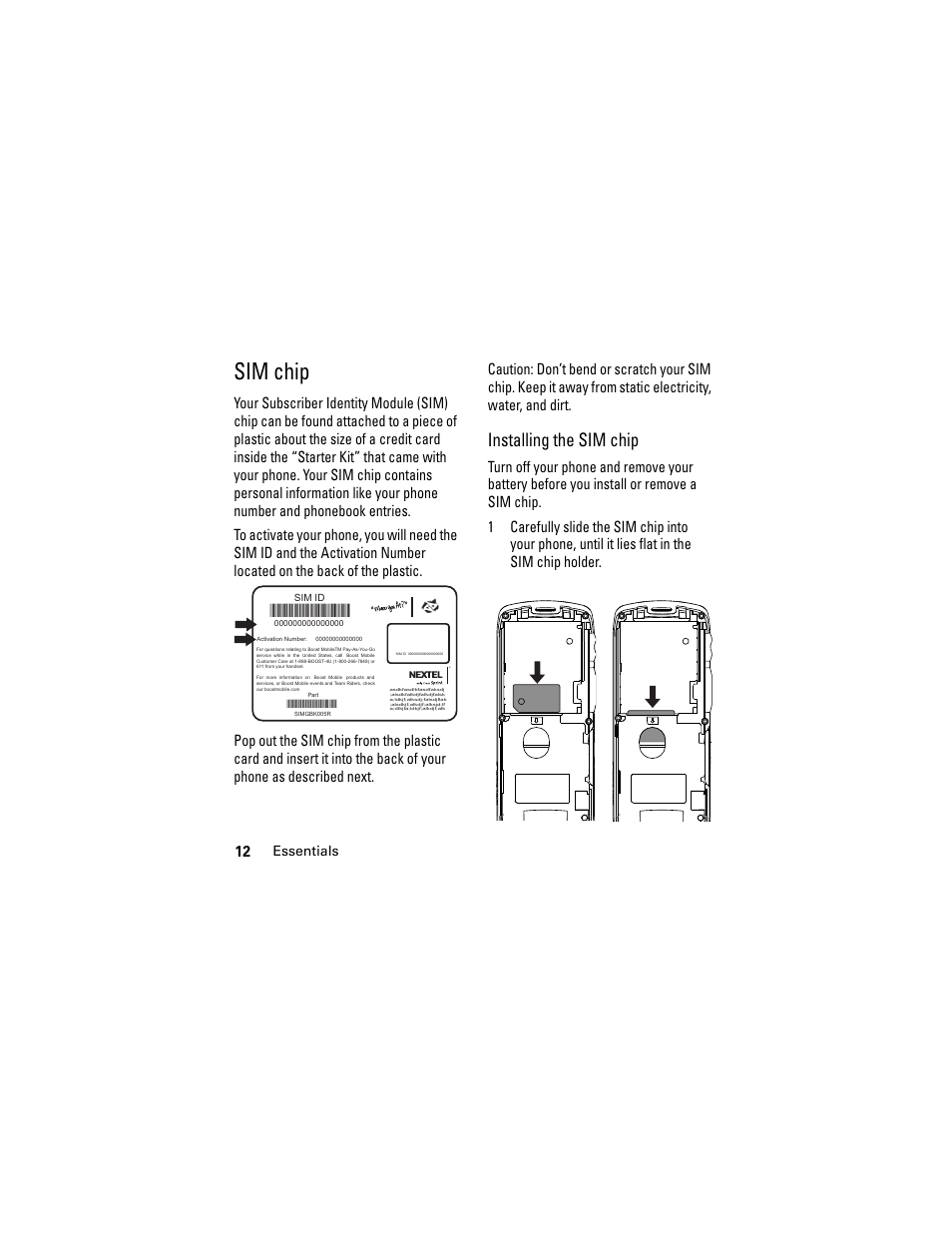 Sim chip, Installing the sim chip | Motorola i335 User Manual | Page 16 / 99