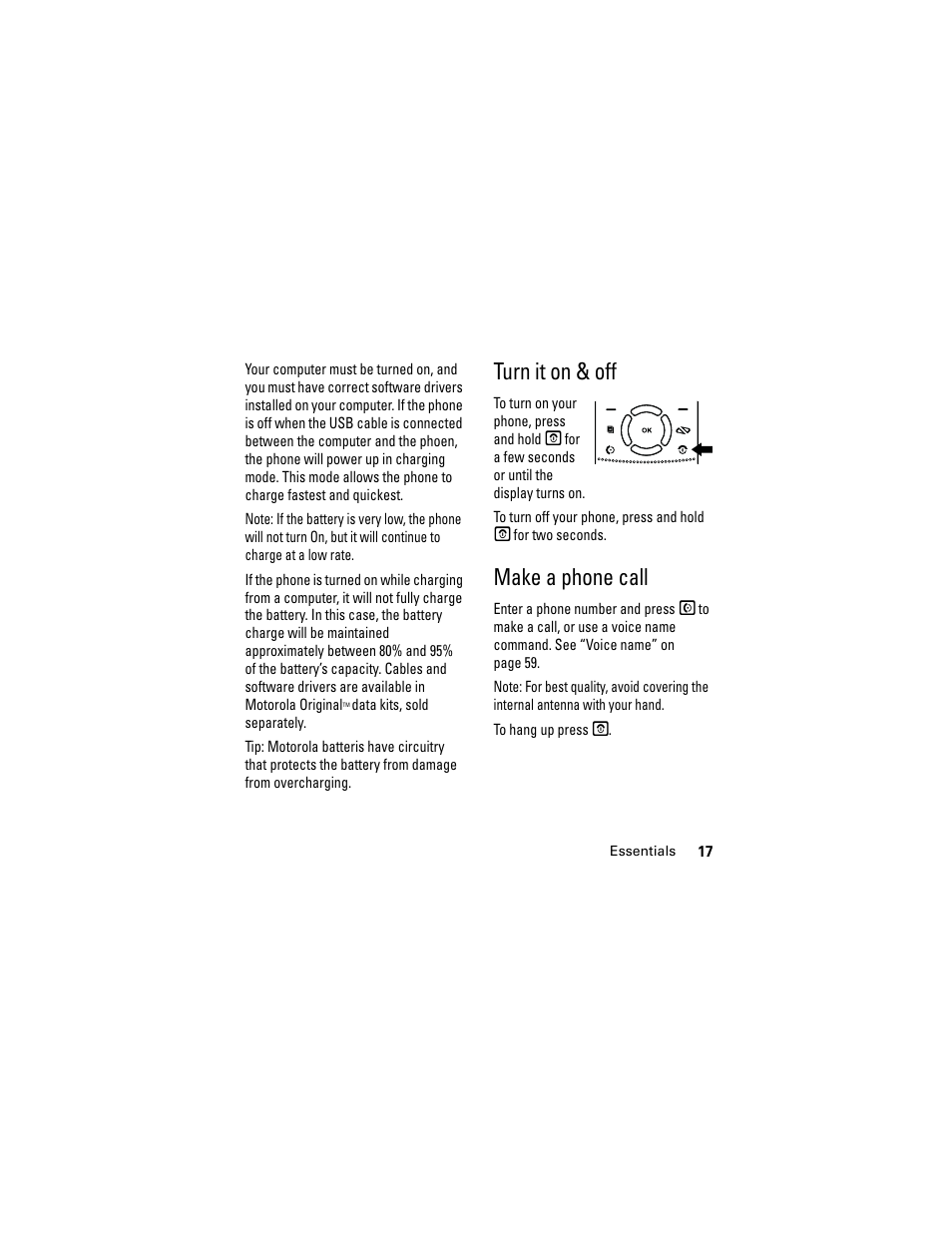Turn it on & off, Make a phone call, Turn it on & off make a phone call | Motorola i335 User Manual | Page 21 / 99