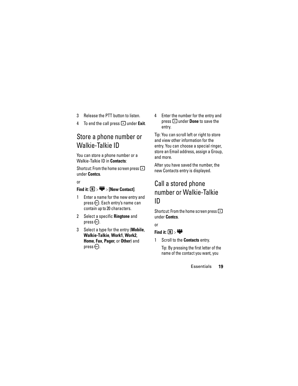 Store a phone number or walkie-talkie id, Call a stored phone number or walkie-talkie id | Motorola i335 User Manual | Page 23 / 99