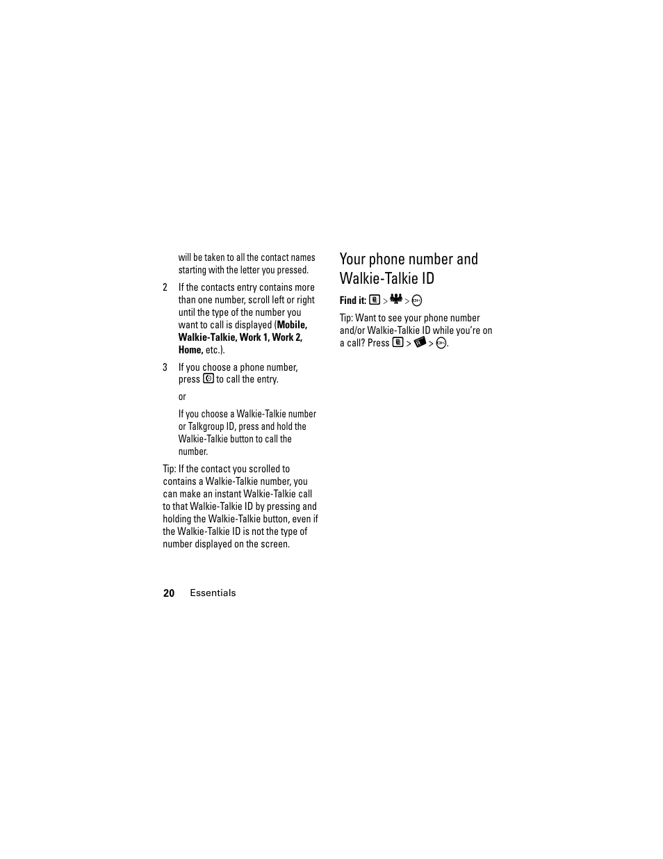Your phone number and walkie-talkie id | Motorola i335 User Manual | Page 24 / 99