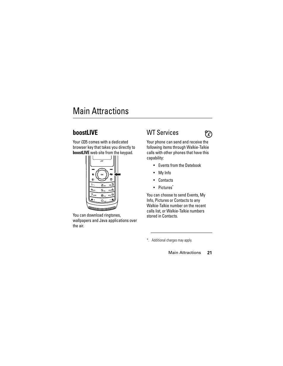 Main attractions, Boostlive, Wt services | Boostlive wt services | Motorola i335 User Manual | Page 25 / 99