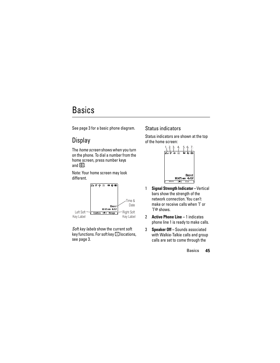 Basics, Display, Status indicators | Motorola i335 User Manual | Page 49 / 99