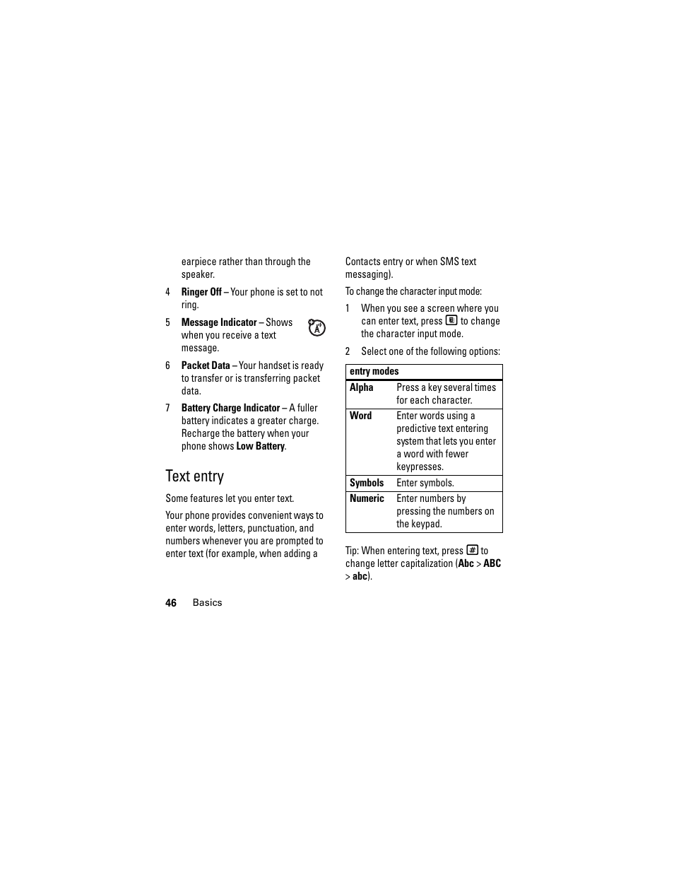 Text entry | Motorola i335 User Manual | Page 50 / 99