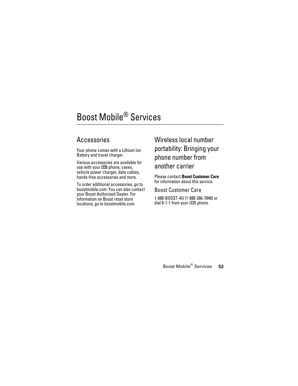 Boost mobile® services, Accessories, Boost customer care | Boost mobile, Services | Motorola i335 User Manual | Page 57 / 99