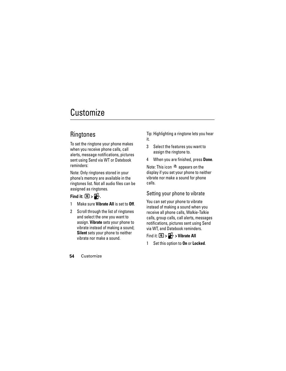 Customize, Ringtones | Motorola i335 User Manual | Page 58 / 99