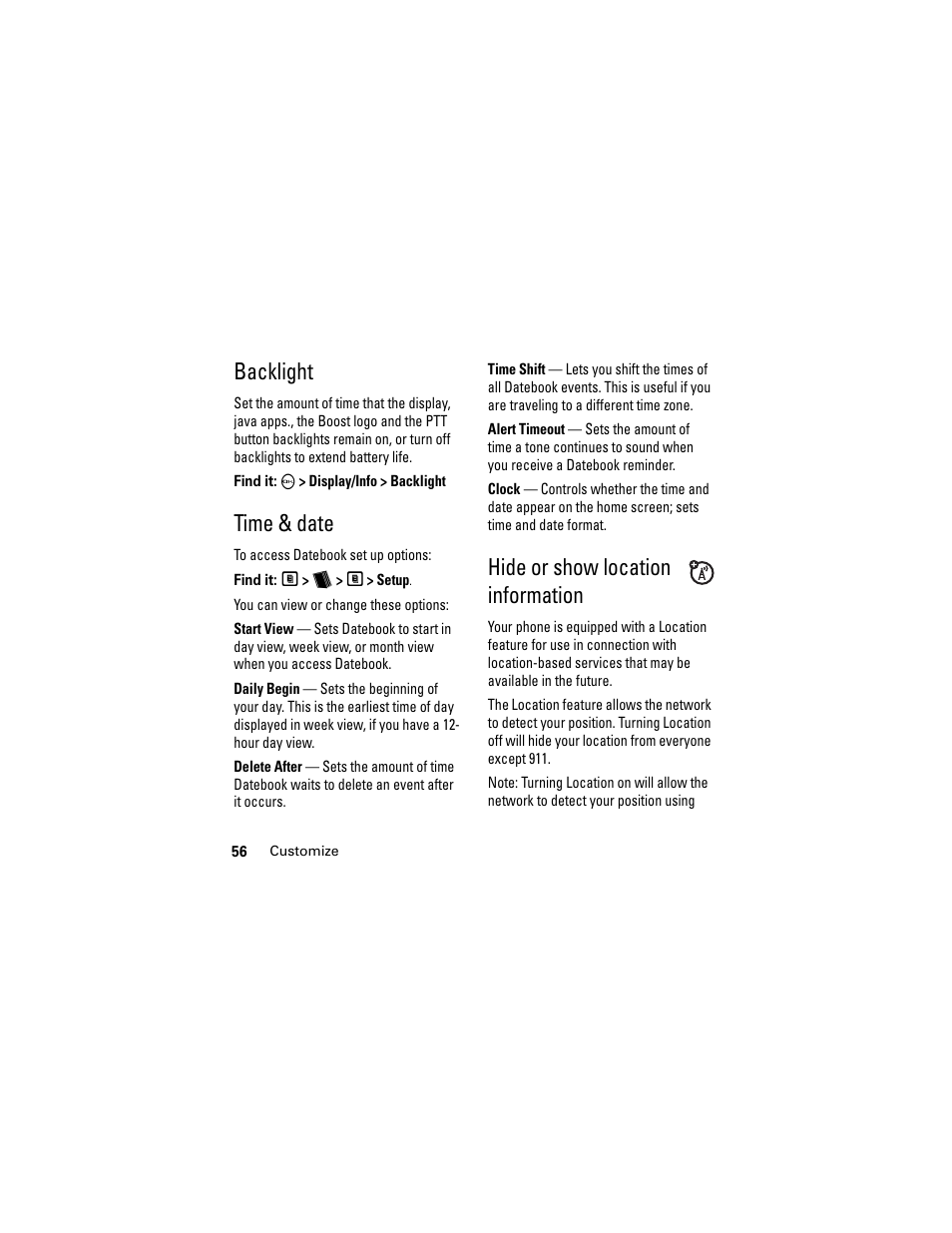 Backlight, Time & date, Hide or show location information | Motorola i335 User Manual | Page 60 / 99