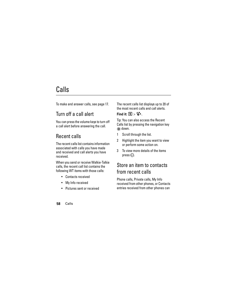 Calls, Turn off a call alert, Recent calls | Store an item to contacts from recent calls | Motorola i335 User Manual | Page 62 / 99