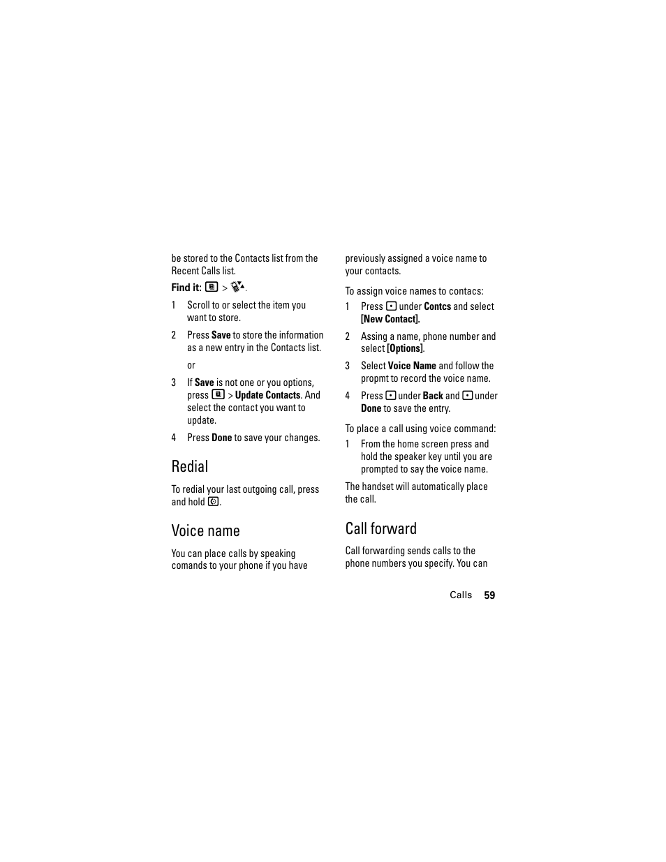 Redial, Voice name, Call forward | Redial voice name call forward | Motorola i335 User Manual | Page 63 / 99