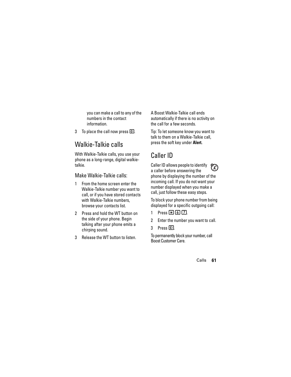 Walkie-talkie calls, Caller id, Walkie-talkie calls caller id | Motorola i335 User Manual | Page 65 / 99