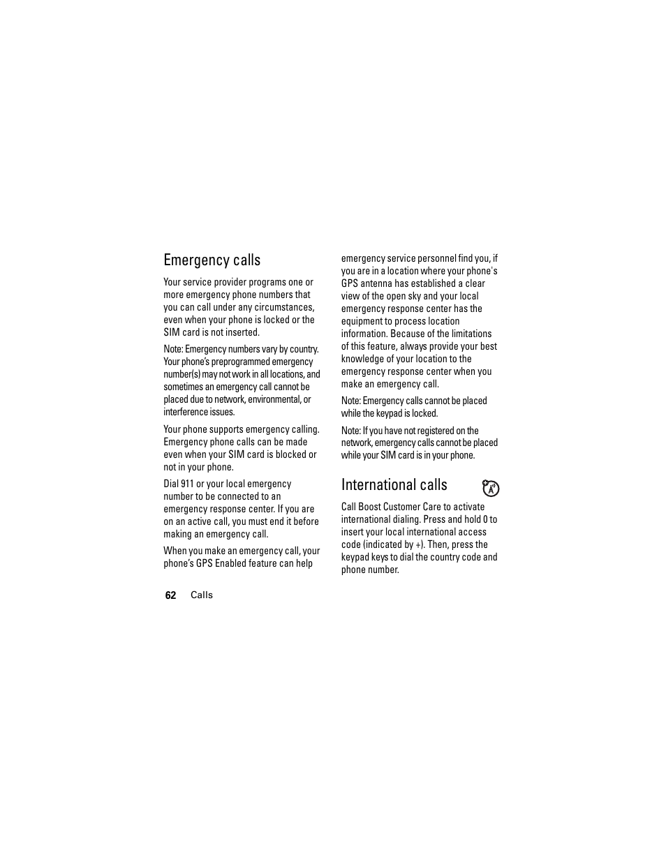 Emergency calls, International calls, Emergency calls international calls | Motorola i335 User Manual | Page 66 / 99