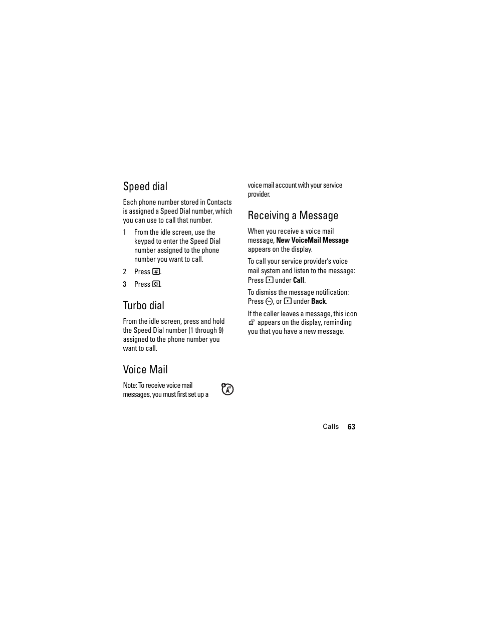 Speed dial, Turbo dial, Voice mail | Receiving a message, Speed dial turbo dial, Voice mail receiving a message 63 | Motorola i335 User Manual | Page 67 / 99