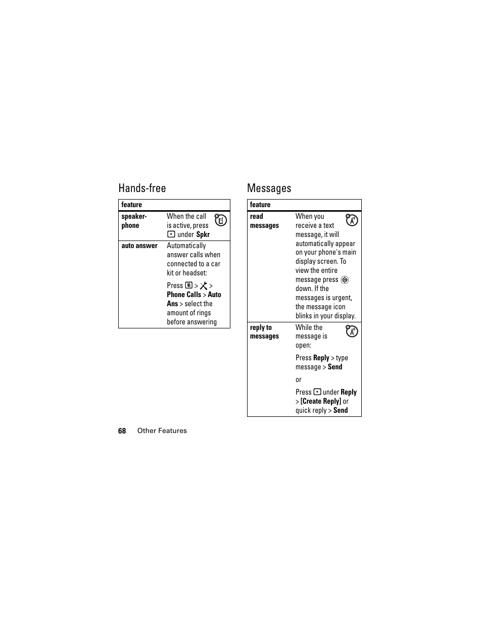 Hands-free, Messages, Hands-free messages | Motorola i335 User Manual | Page 72 / 99