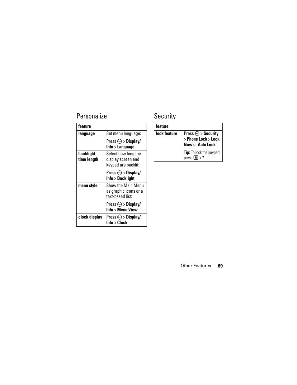 Personalize, Security, Personalize security | Motorola i335 User Manual | Page 73 / 99