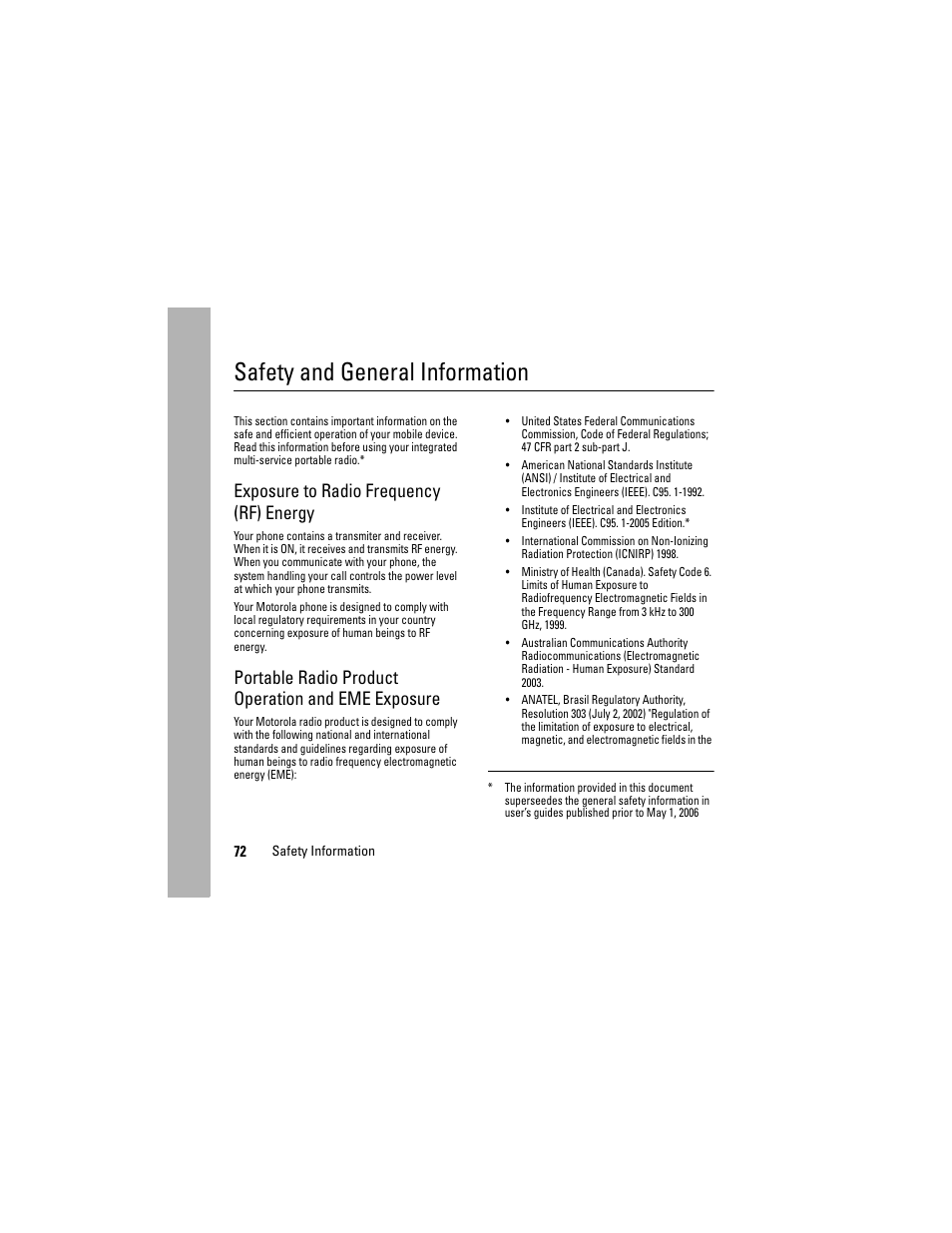 Safety and general, Information, Safety and general information | Exposure to radio frequency (rf) energy, Portable radio product operation and eme exposure | Motorola i335 User Manual | Page 76 / 99