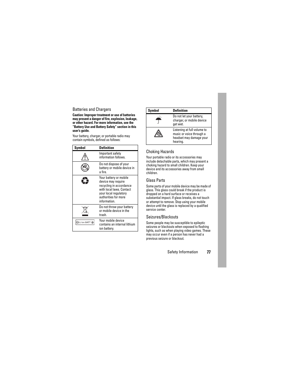 77 batteries and chargers, Choking hazards, Glass parts | Seizures/blackouts | Motorola i335 User Manual | Page 81 / 99