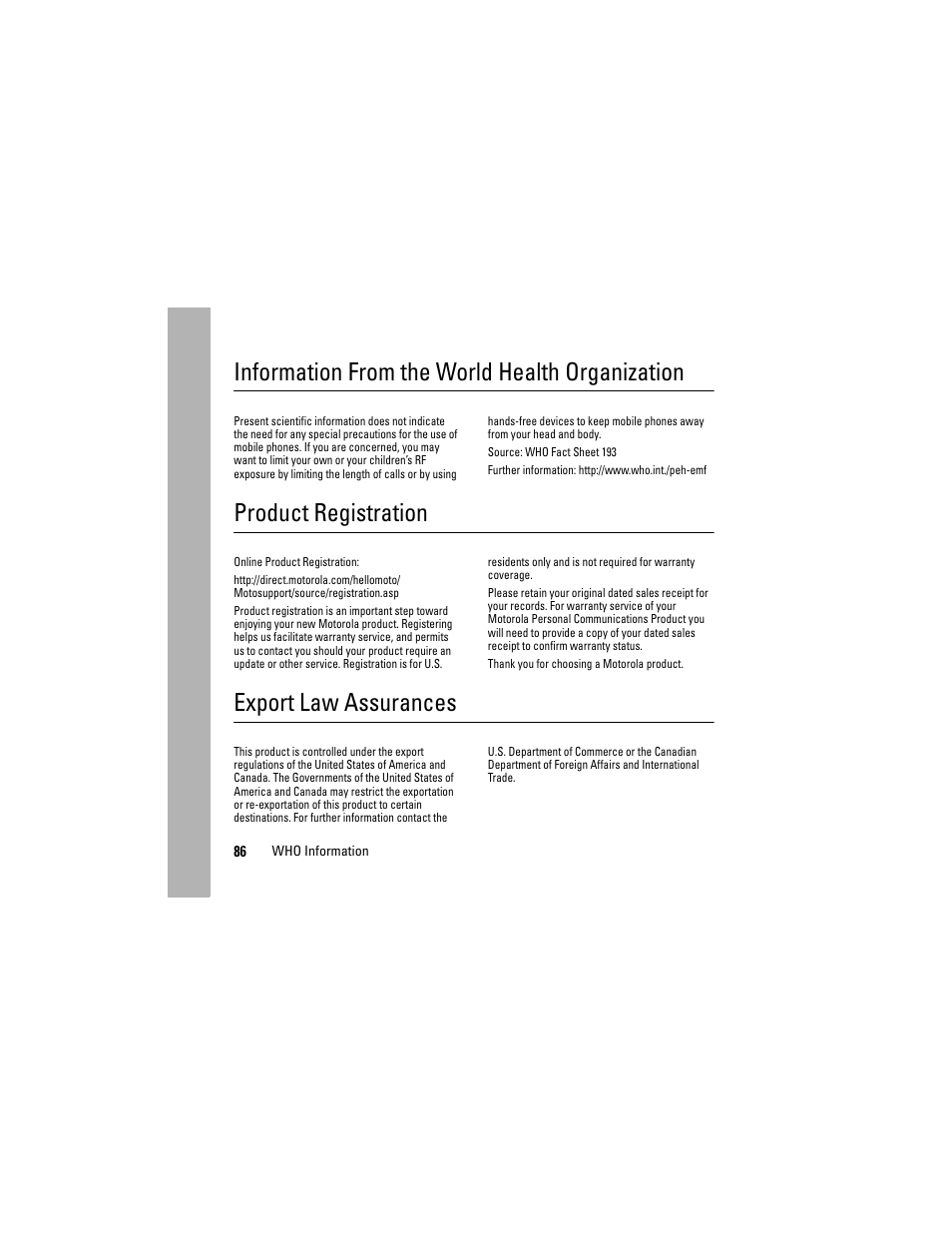 Information from the world health organization, Product registration, Export law assurances | Motorola i335 User Manual | Page 90 / 99