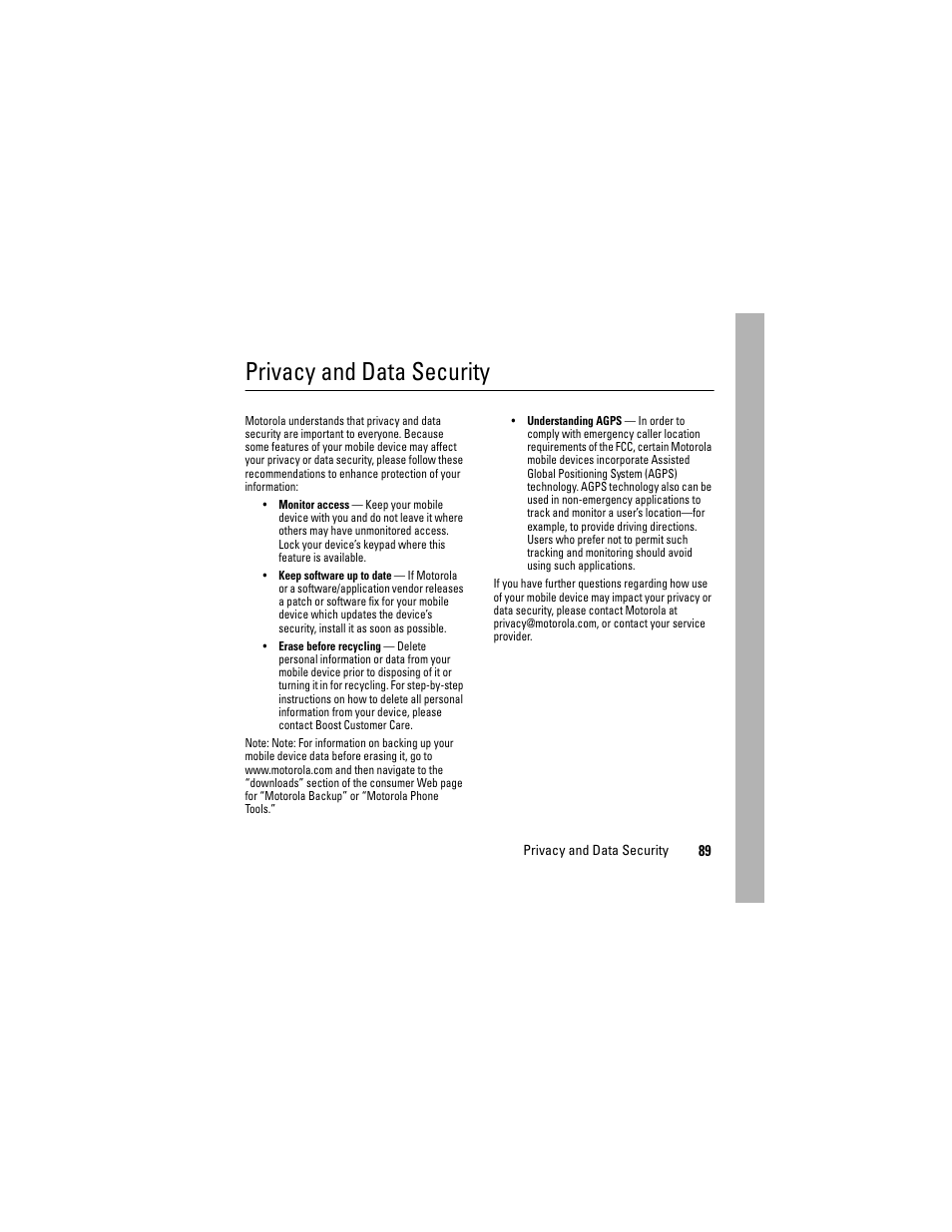 Privacy and data, Security, Privacy and data security | Motorola i335 User Manual | Page 93 / 99