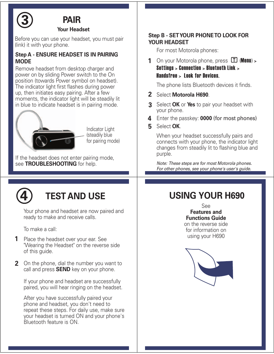 Pair, Test and use, Using your h690 | Motorola 6809521A35-B User Manual | Page 3 / 7
