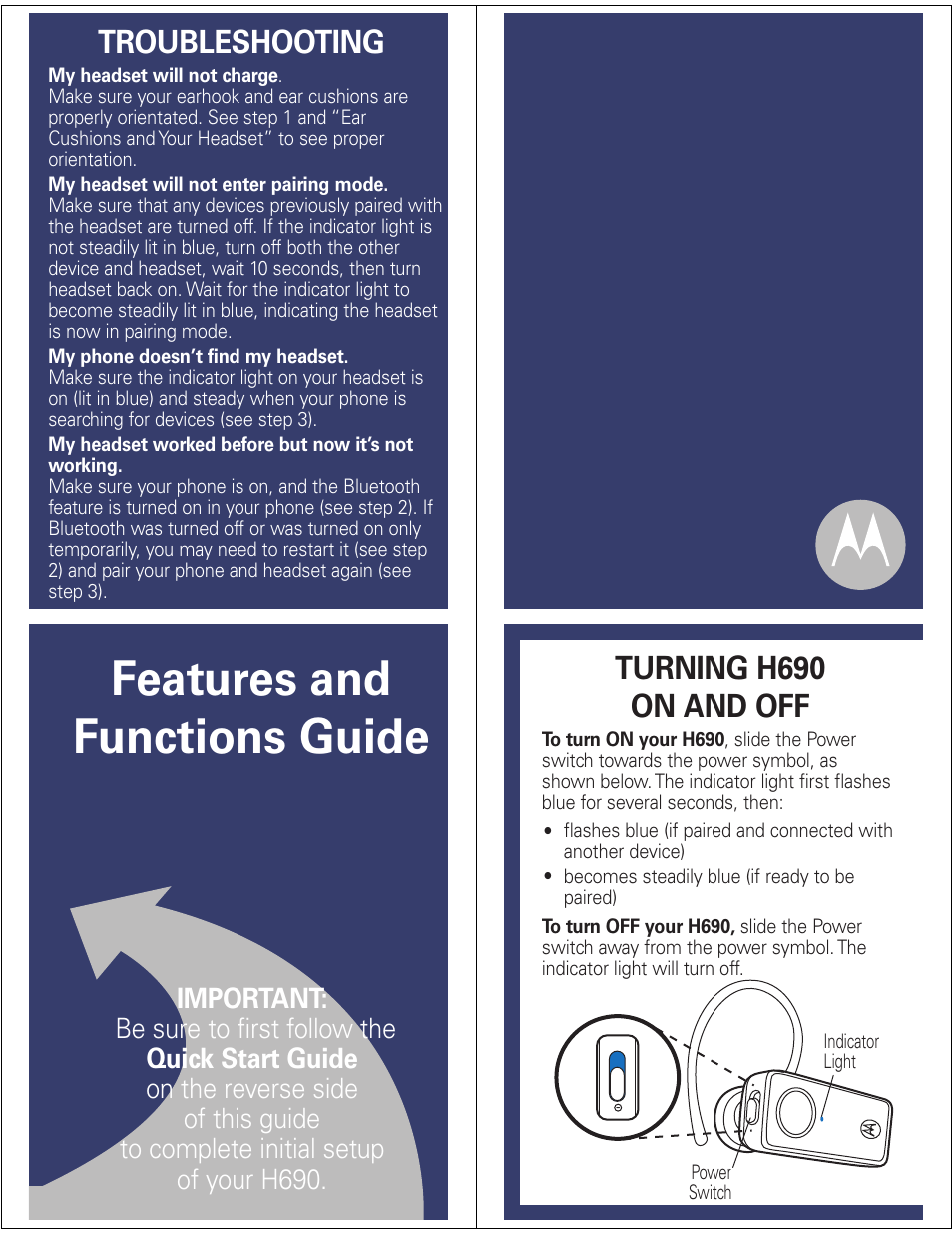 Features and functions guide, Troubleshooting, Turning h690 on and off | Motorola 6809521A35-B User Manual | Page 4 / 7