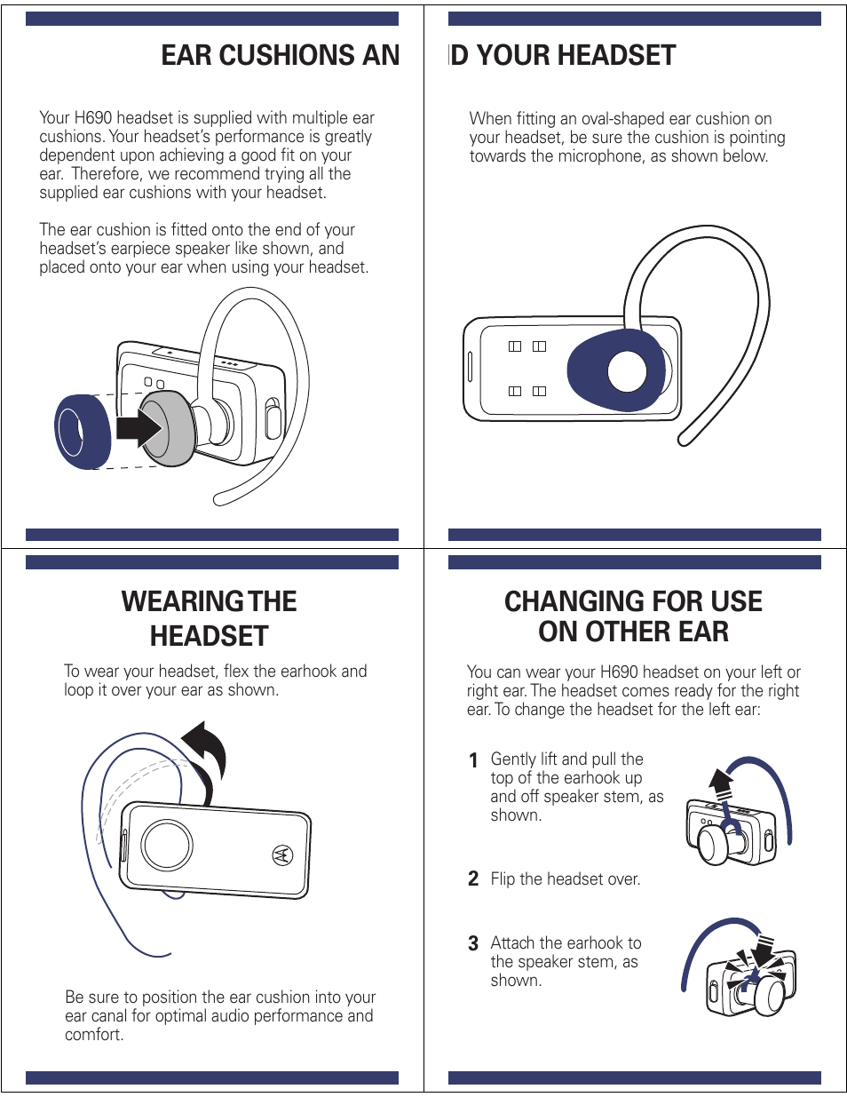 Ear cushions an, Nd your headset, Wearing the headset | Changing for use on other ear | Motorola 6809521A35-B User Manual | Page 5 / 7