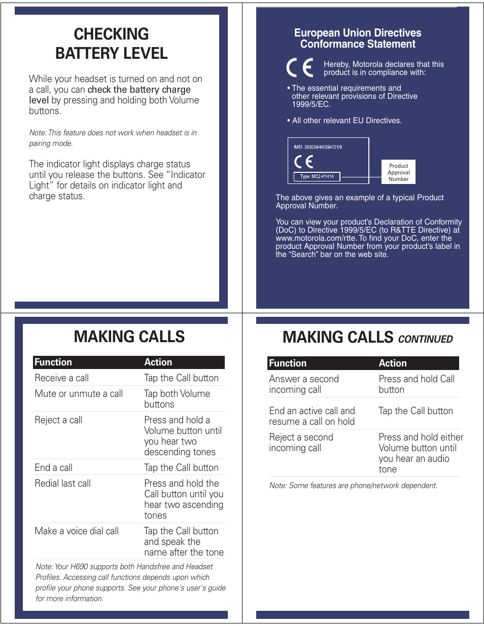 Checking battery level, Making calls | Motorola 6809521A35-B User Manual | Page 6 / 7