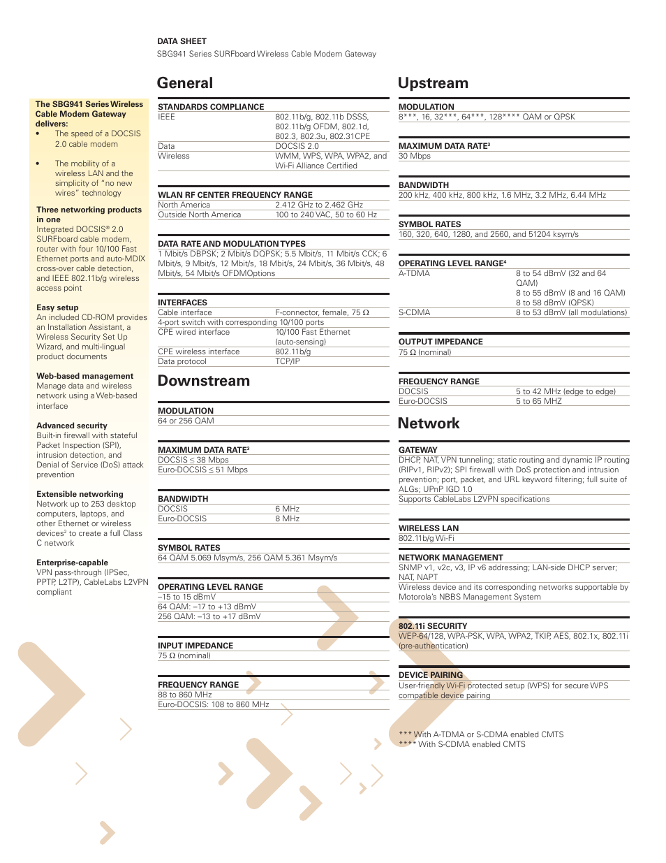 General downstream upstream network | Motorola SURFboard SBG941 Series User Manual | Page 3 / 4