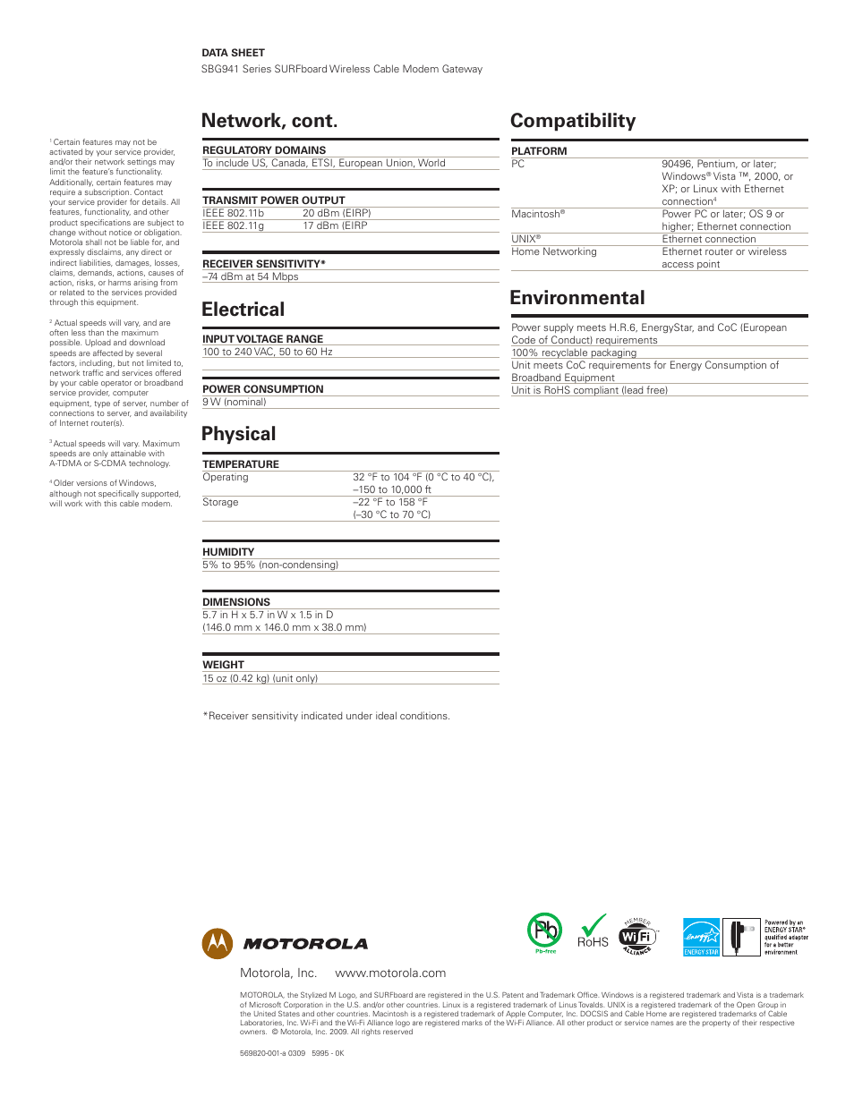 Network, cont. electrical physical, Compatibility environmental | Motorola SURFboard SBG941 Series User Manual | Page 4 / 4