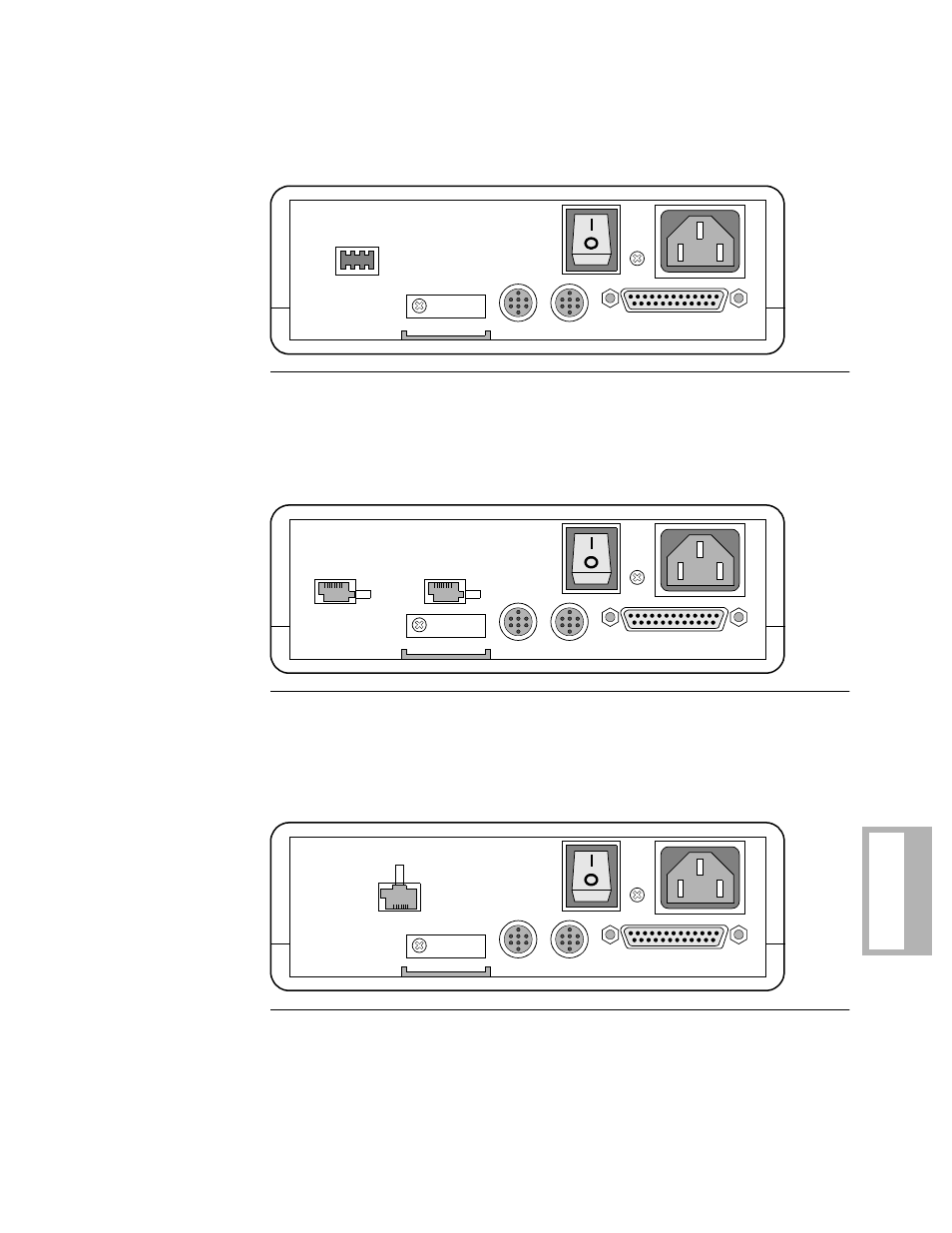 3265 modem rear panel—view b, 3265 modem rear panel—view c, 3265 modem rear panel—view d | Motorola 326X V.34 User Manual | Page 195 / 240