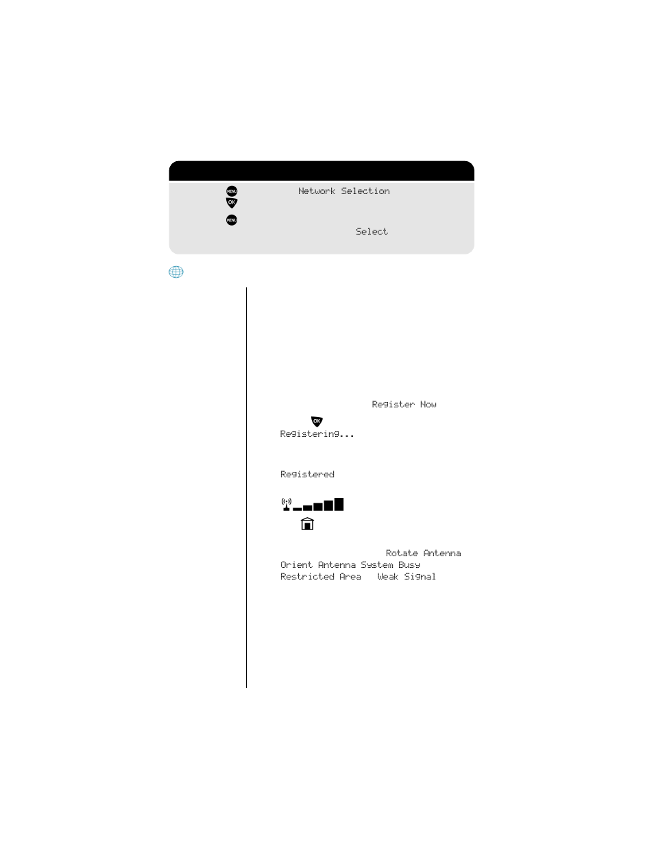 Registering with the satellite network, 2: getting to network selection | Motorola 9500 User Manual | Page 168 / 226