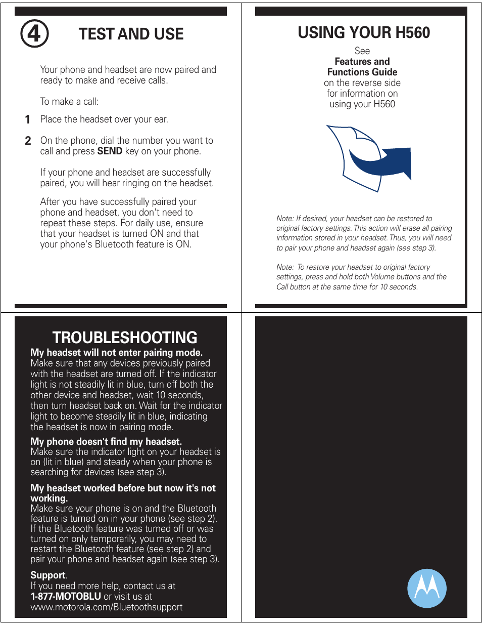 Test and use, Using your h560, Troubleshooting | Motorola H560 User Manual | Page 3 / 6