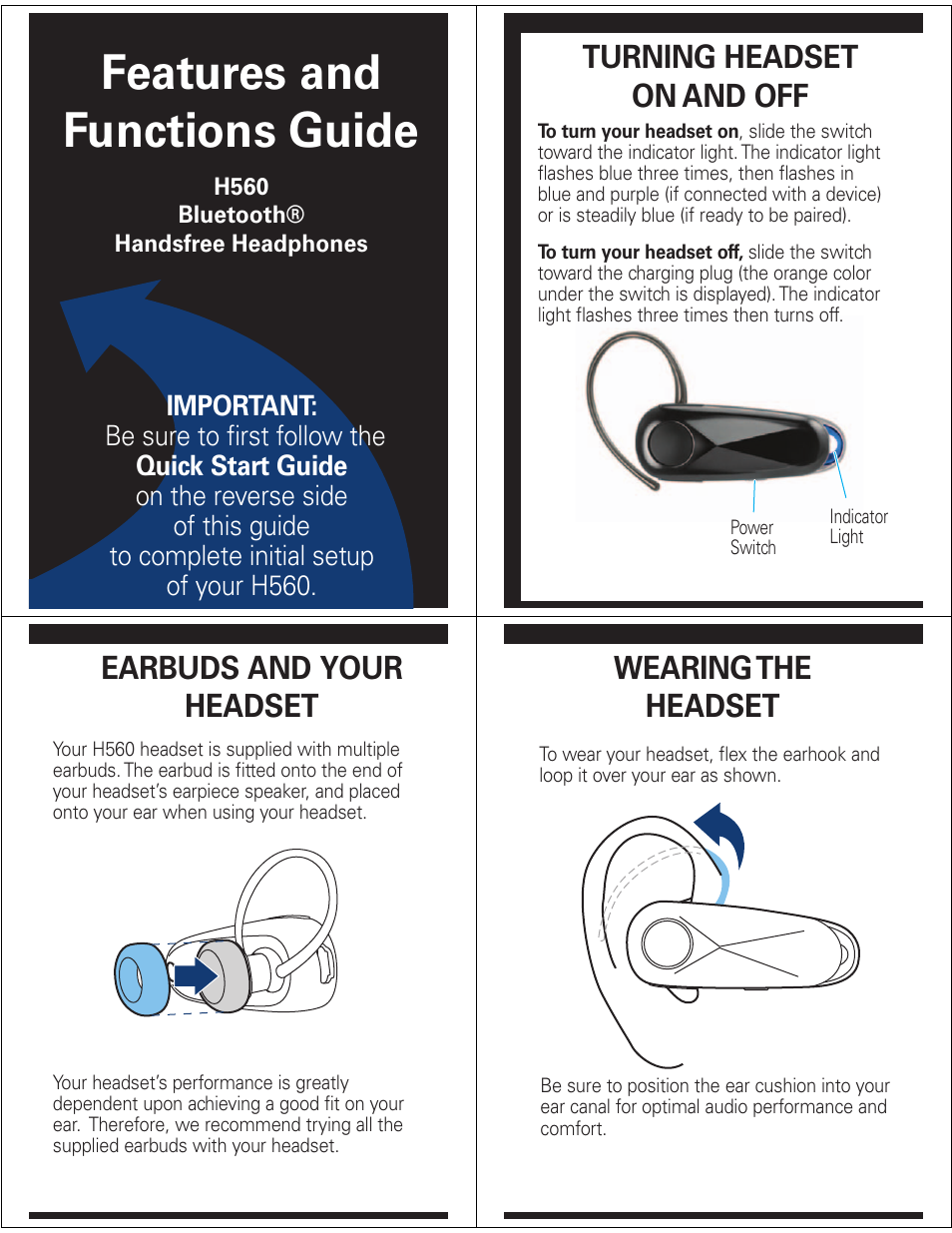 Features and functions guide, Turning headset on and off, Earbuds and your headset | Wearing the headset | Motorola H560 User Manual | Page 4 / 6