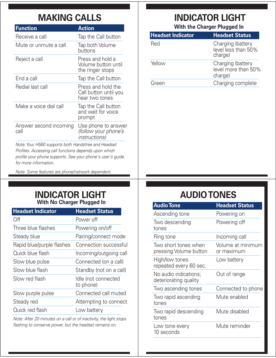 Making calls, Indicator light, Indicator light audio tones | Motorola H560 User Manual | Page 6 / 6