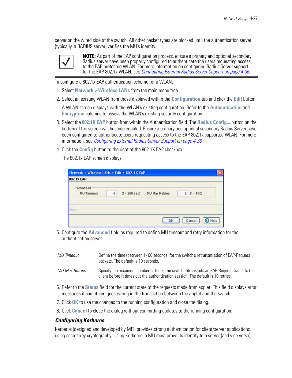 Configuring kerboros | Motorola Series Switch WS5100 User Manual | Page 101 / 364