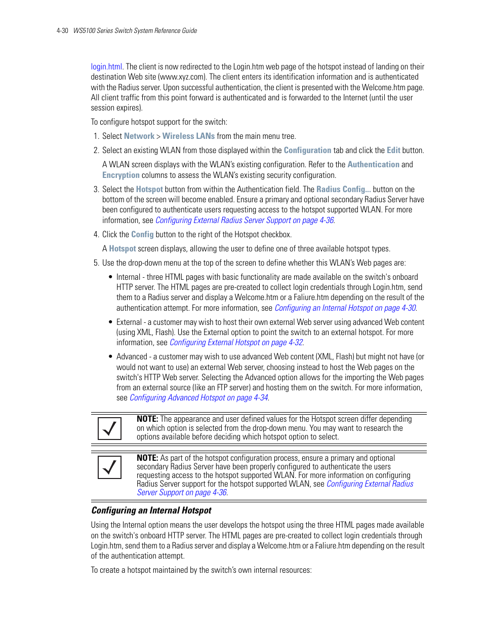 Configuring an internal hotspot | Motorola Series Switch WS5100 User Manual | Page 104 / 364