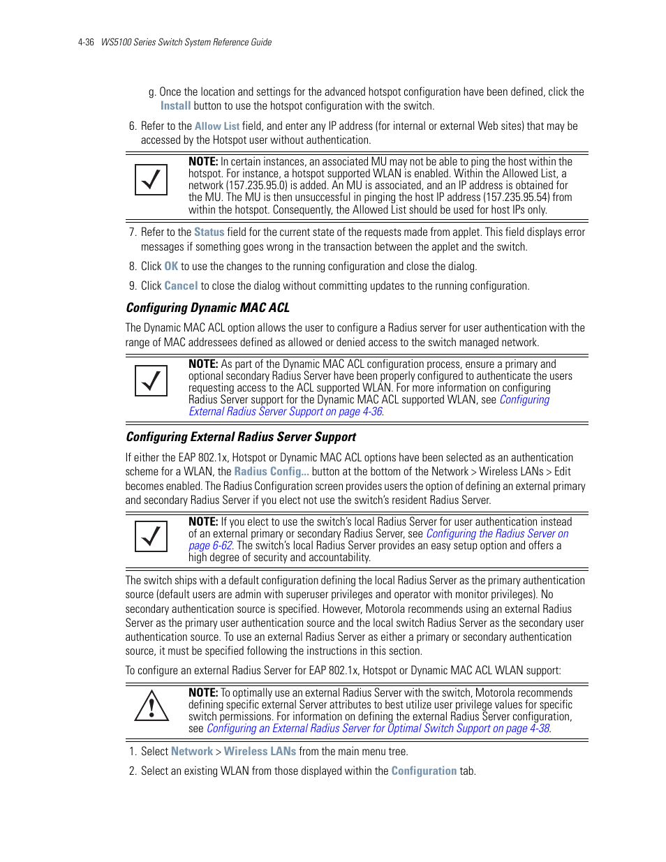 Configuring, Configuring dynamic mac acl, Configuring external radius | Motorola Series Switch WS5100 User Manual | Page 110 / 364