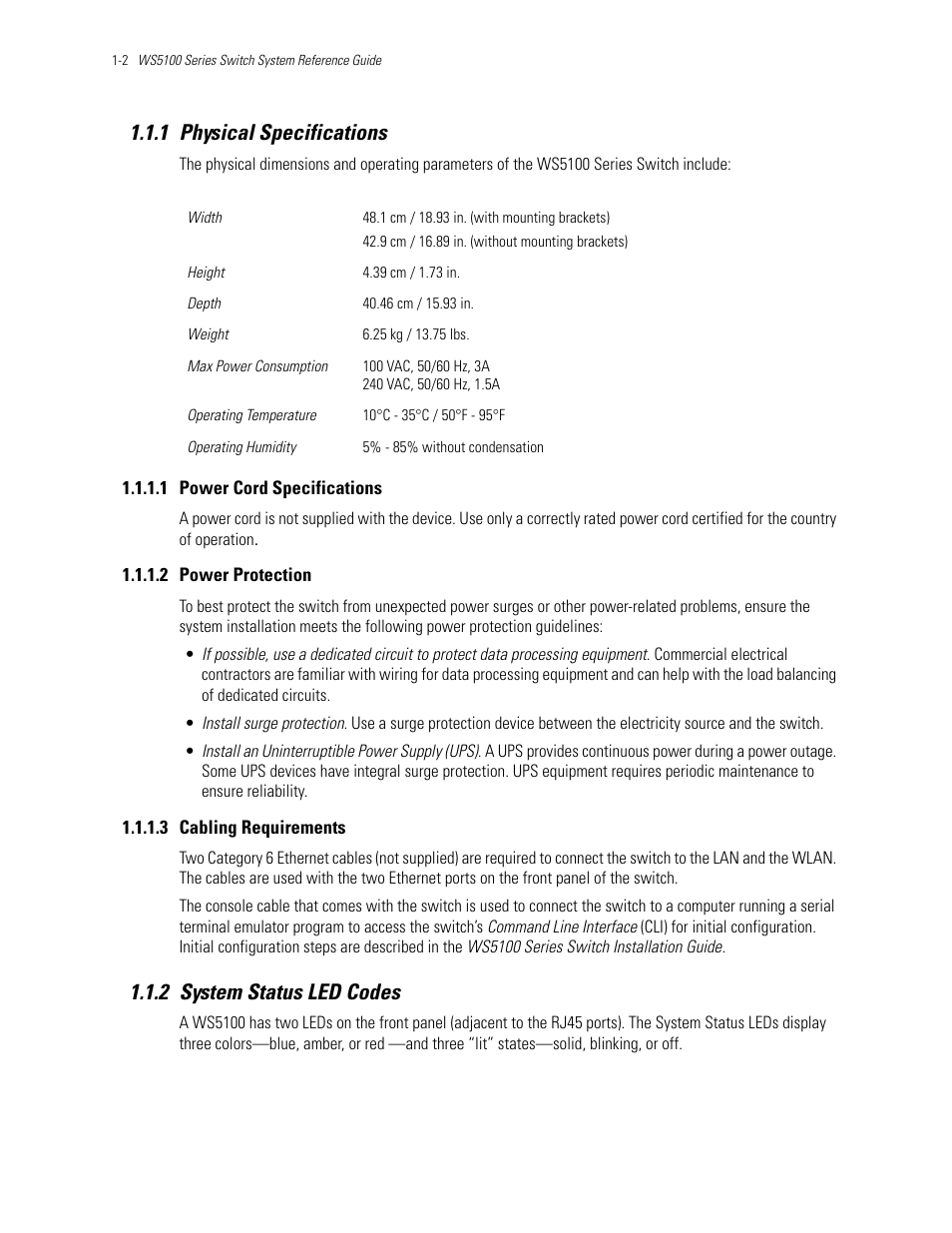 1 physical specifications, 1 power cord specifications, 2 power protection | 3 cabling requirements, 2 system status led codes | Motorola Series Switch WS5100 User Manual | Page 12 / 364