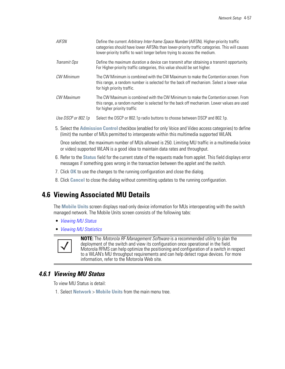 6 viewing associated mu details, 1 viewing mu status, 6 viewing associated mu details -57 | 1 viewing mu status -57, Viewing associated mu details, Viewing | Motorola Series Switch WS5100 User Manual | Page 131 / 364