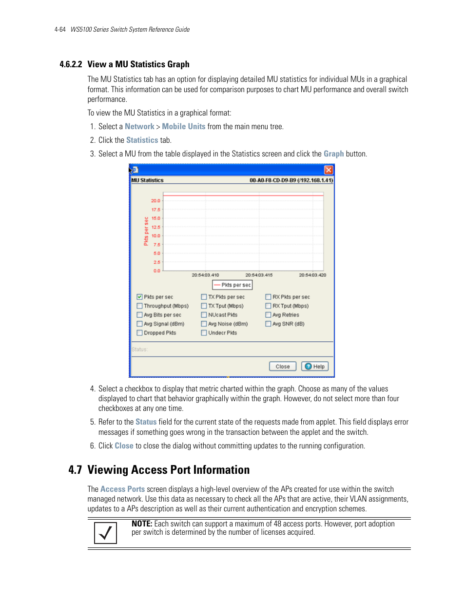 2 view a mu statistics graph, 7 viewing access port information, 7 viewing access port information -64 | Viewing access port information | Motorola Series Switch WS5100 User Manual | Page 138 / 364