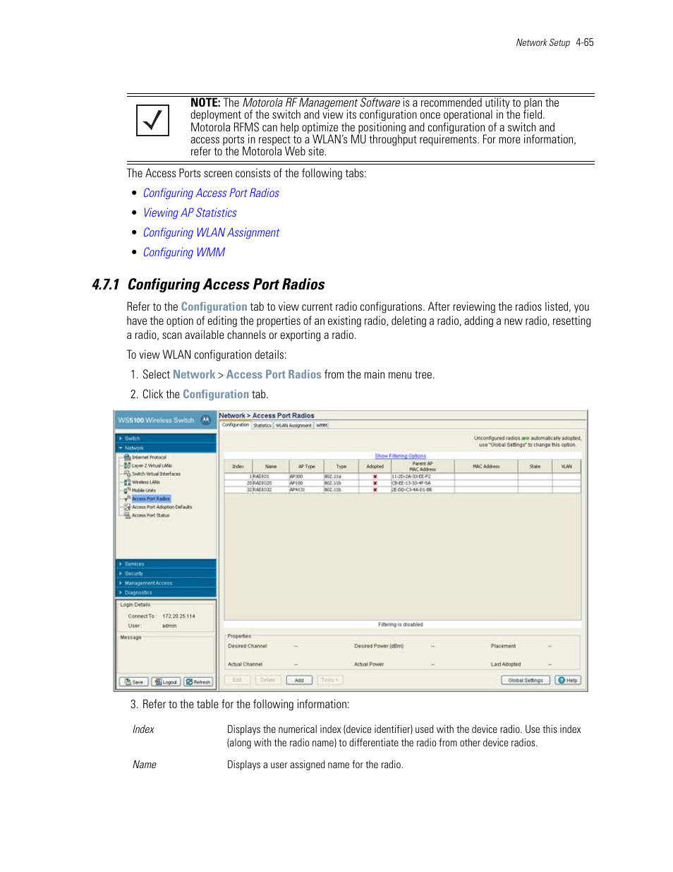 1 configuring access port radios, 1 configuring access port radios -65 | Motorola Series Switch WS5100 User Manual | Page 139 / 364