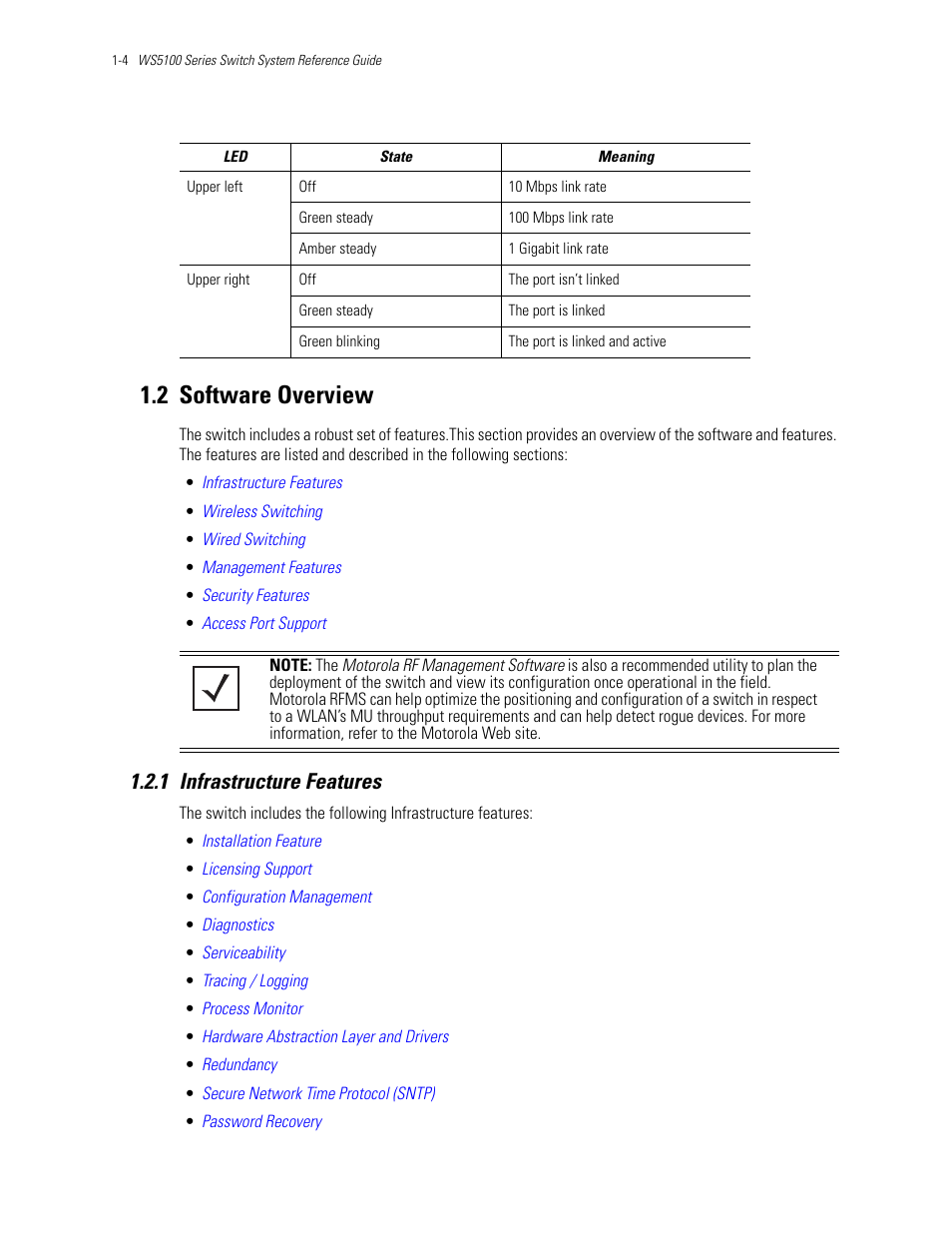 2 software overview, 1 infrastructure features, 2 software overview -4 | 1 infrastructure features -4 | Motorola Series Switch WS5100 User Manual | Page 14 / 364