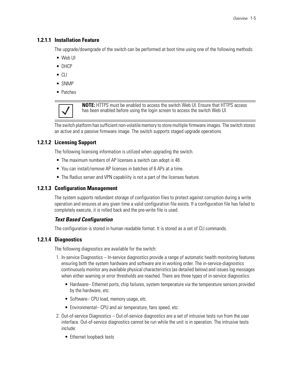 1 installation feature, 2 licensing support, 3 configuration management | 4 diagnostics, Installation feature, Licensing support, Configuration management, Diagnostics | Motorola Series Switch WS5100 User Manual | Page 15 / 364