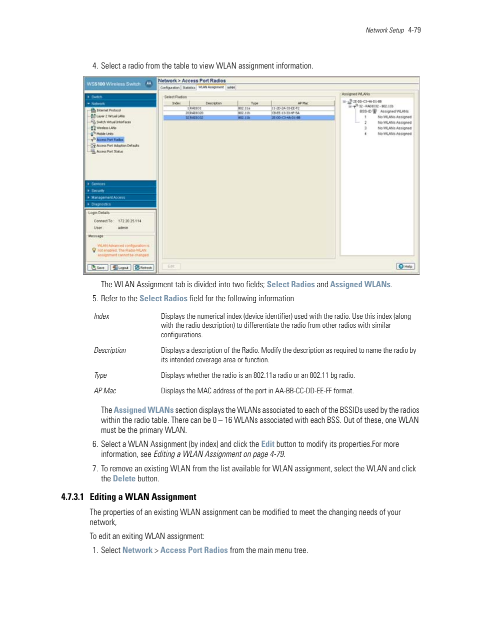 1 editing a wlan assignment | Motorola Series Switch WS5100 User Manual | Page 153 / 364