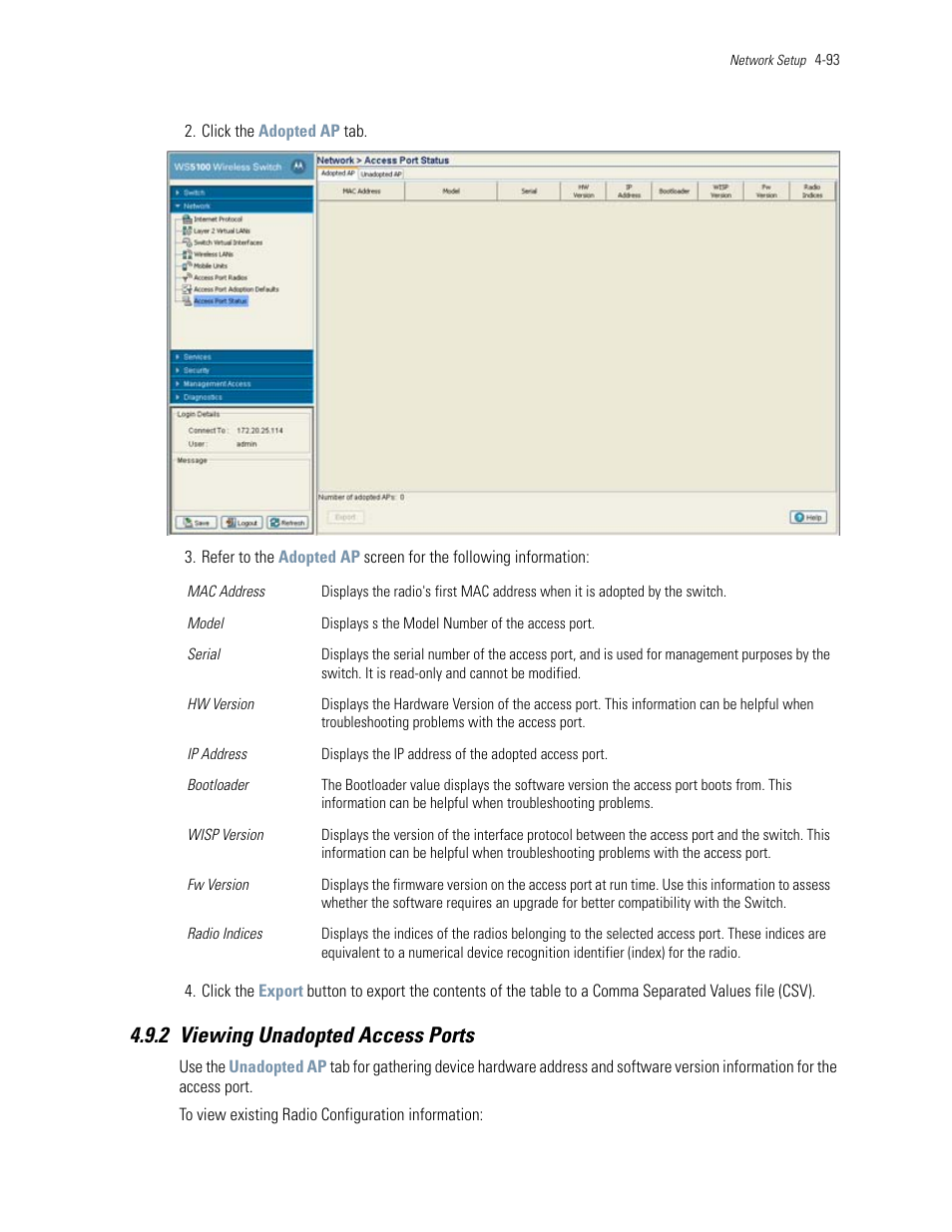 2 viewing unadopted access ports, 2 viewing unadopted access ports -93 | Motorola Series Switch WS5100 User Manual | Page 167 / 364