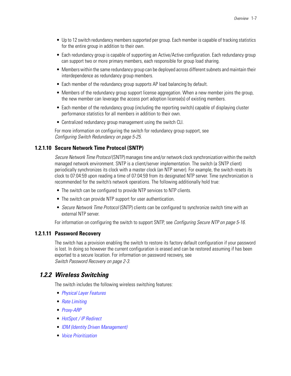 10 secure network time protocol (sntp), 11 password recovery, 2 wireless switching | 2 wireless switching -7, Wireless switching, Secure network time protocol (sntp), Password recovery | Motorola Series Switch WS5100 User Manual | Page 17 / 364